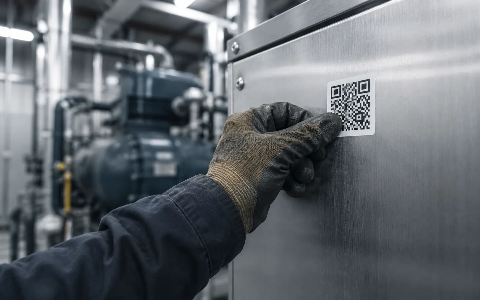 Technician applying a QR sticker to an industrial refrigeration unit